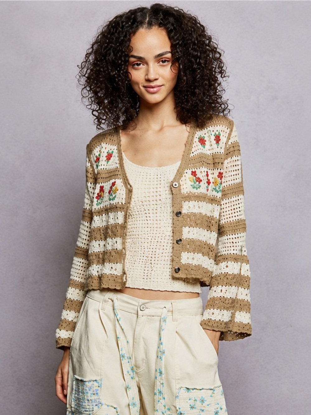 New POL Boho Crochet Striped Cardigan Sweater - Cream & Tan OS